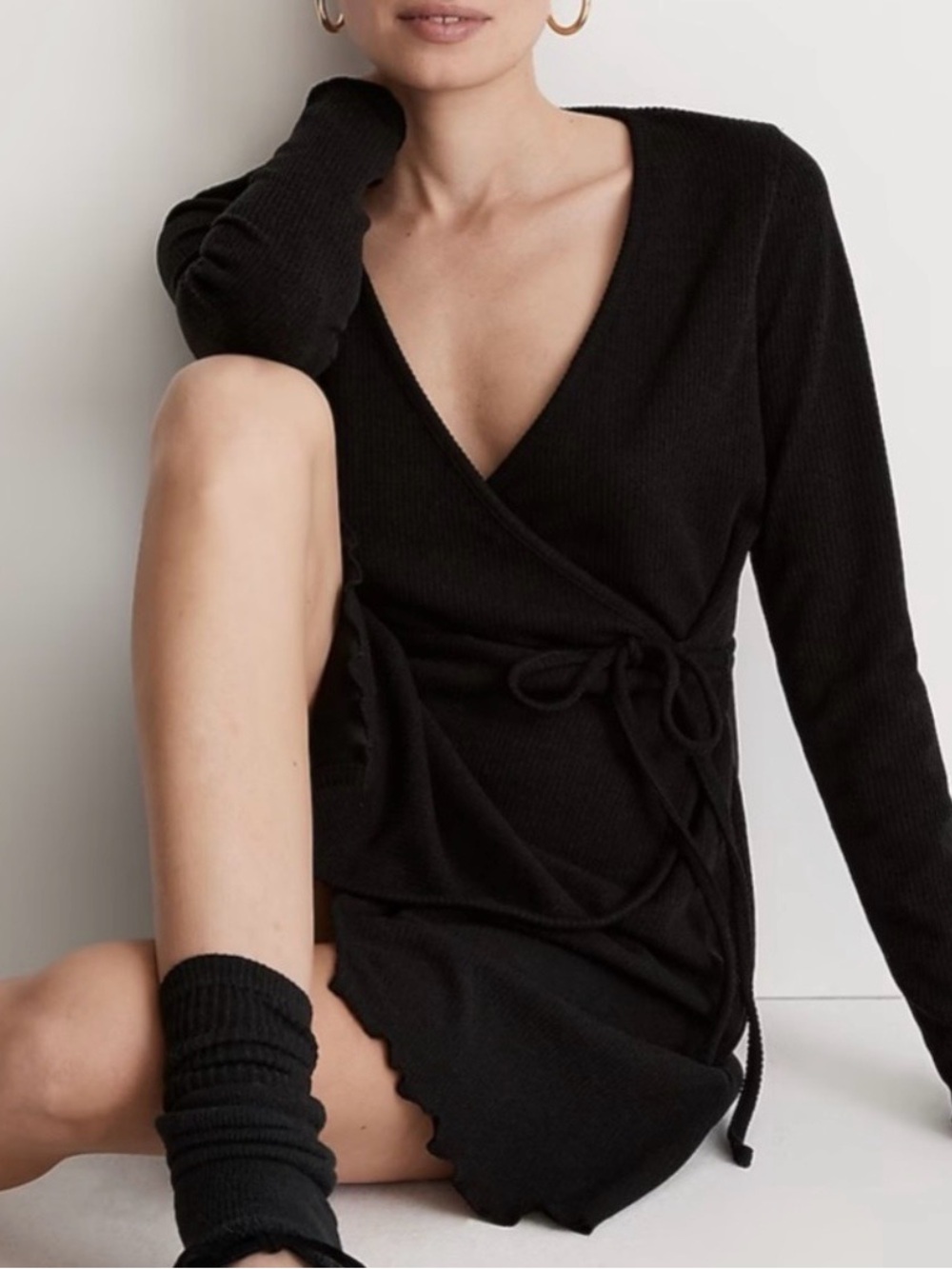 Madewell ribbed knit wrap mini dress true black